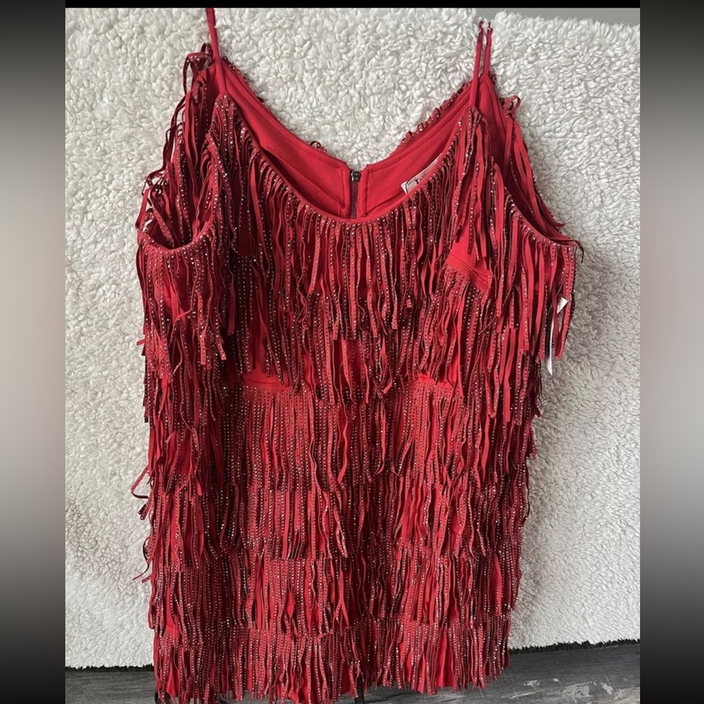 Boutique Red Fringe Sequin Mini Dress